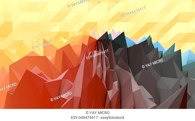 An op art 3d illustration of a black, grey, brown and yellow lowpoly backdrop with a hilly and rocky surface. A multiform area looks like an alien planet from...