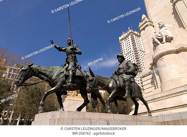 Cevantes memorial at Plaza de Espana, showing Don Quijote and Sancho Panza, Madrid, Spain