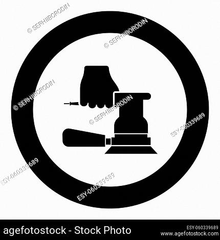 Sander in hand holding tool use Arm using circular sheet Electric orbital instrument icon in circle round black color vector illustration solid outline style...