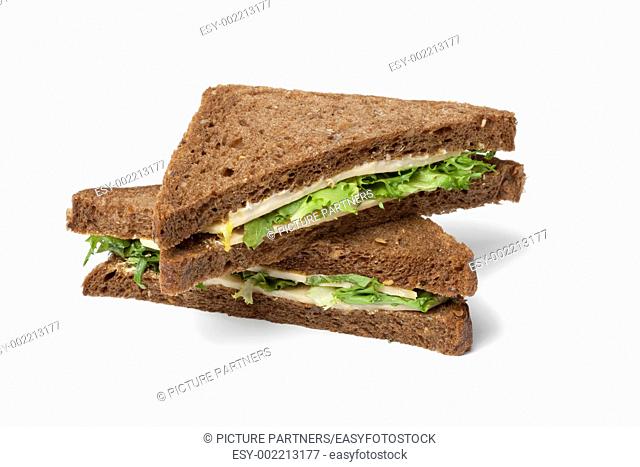 Healthy cheese and salad sandwich on white background