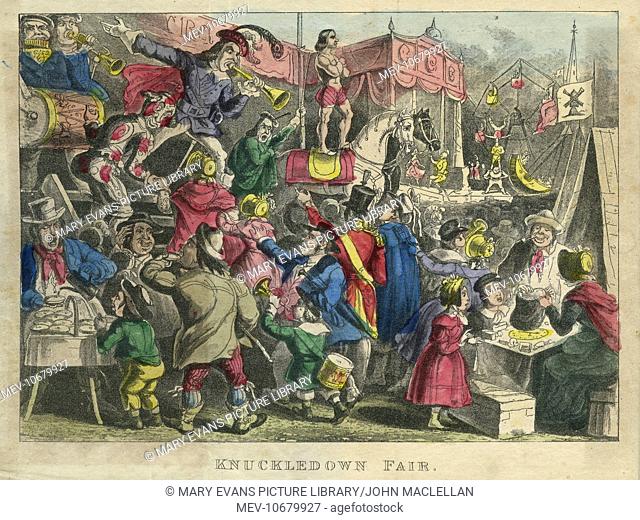 Cartoon, Knuckledown Fair, showing a busy scene at a fairground