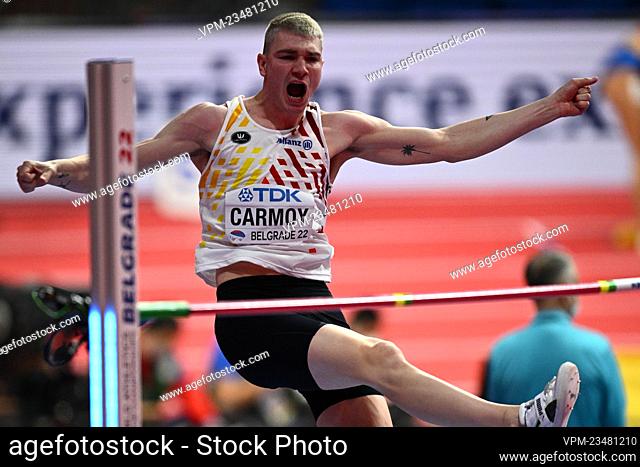Belgian Thomas Carmoy pictured in action during the men high jump event on the third and last day of the World Athletics Indoor Championships, in Belgrade