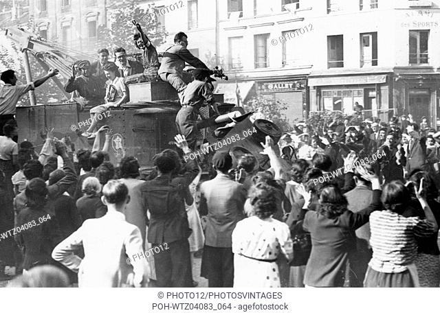 Scene of cheering crowd in the streets of Paris, during the Liberation  World War II Liberation of Paris