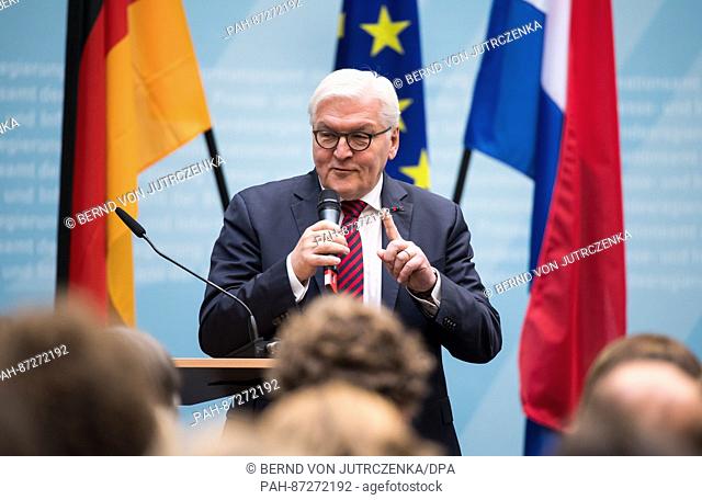 German Foreign Minister Frank-Walter Steinmeier (SPD) speaking at the opening of the Dutch-German Forum at the federal press office in Berlin, Germany