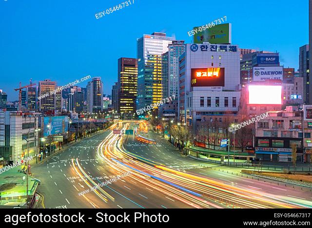 Seoul, South Korea - December 12, 2017: Seoul city traffic street near Seoul Station in Seoul, South Korea