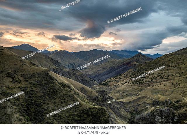 View down to Skippers Canyon, evening mood, Queenstown, Otago, South Island, New Zealand