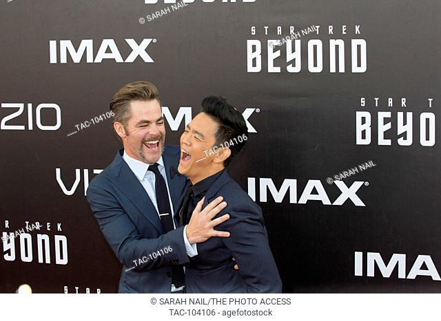 (L-R) Chris Pine and John Cho laughing at Star Trek Beyond World Premier during San Diego Comic Con at Embarcadero Marina Park on July 20, 2016 in San Diego