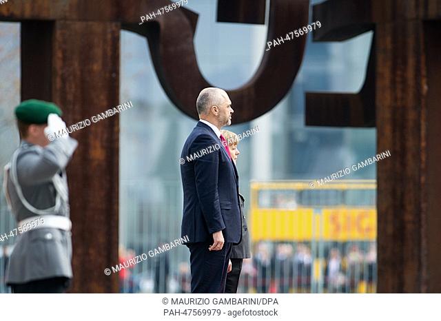 Albanian Prime Minister Edi Rama is welcomed with military honours by German Chancellor Angela Merkel at the Federal Chancellery in Berlin, Germany