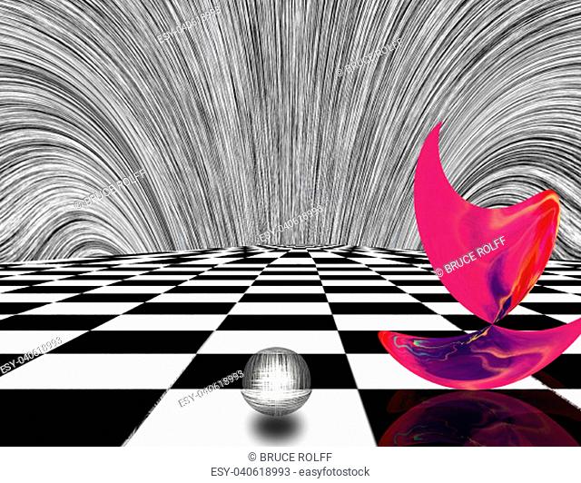 Surreal composition. Pink matter and sphere on chessboard