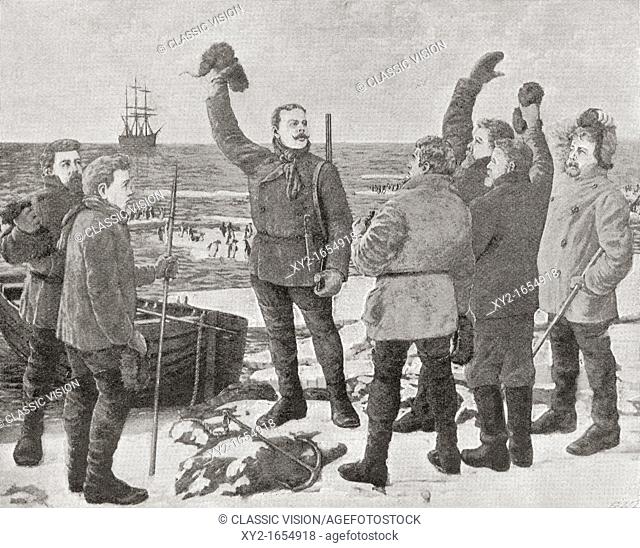 Carsten Egeberg Borchgrevink on Possession Island in the Antarctic in 1895, giving three cheers for Sir James Clark Ross who had landed there previously in 1841...