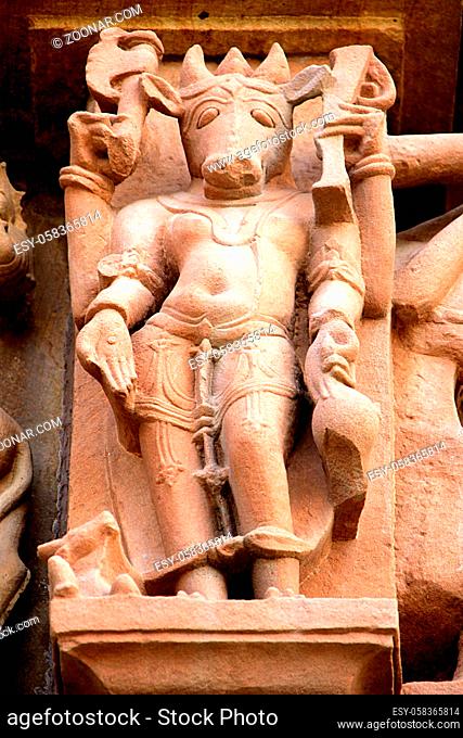 Sculpture of standing Varaha in stone at Chaturbhuj Temple, Khajuraho, Madhya Pradesh, India, Asia
