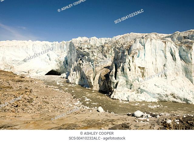 The Russells Glacier draining the Greenland icesheet inland from Kangerlussuaq on Greenlands west coast This glacier has speeded up in recent years and is also...
