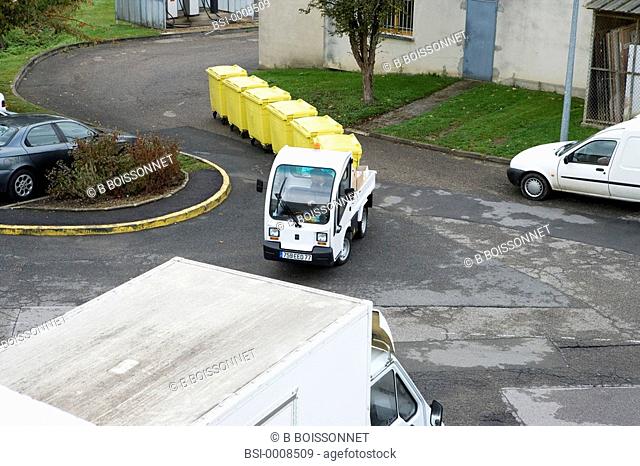 Photo essay at the hospital of Meaux 77, France. Collection of yellow bins, containing medical wastes