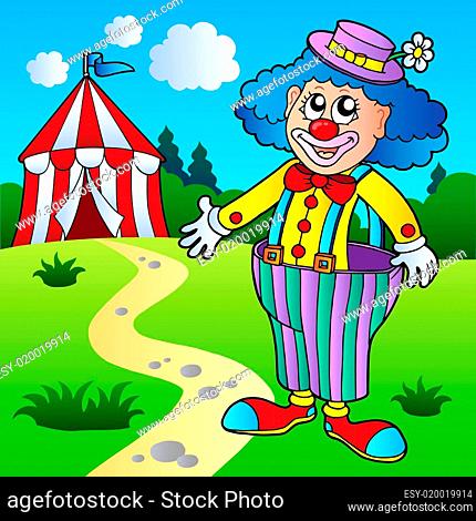 Clown in big pants with circus tent