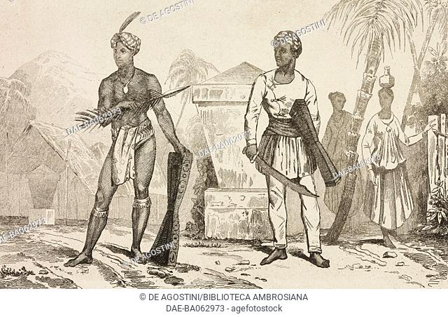 Costumes of warriors, Celebes Island (Sulawesi), Indonesia, engraving by Danvin and Joliot from Oceanie ou Cinquieme partie du Monde