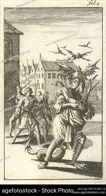Sin pursued by three men, Top right mark: fol: 1, the Seven Deadly Sins (personified), Jan Luyken, Amsterdam, 1687, paper, etching, h 116 mm × w 67 mm