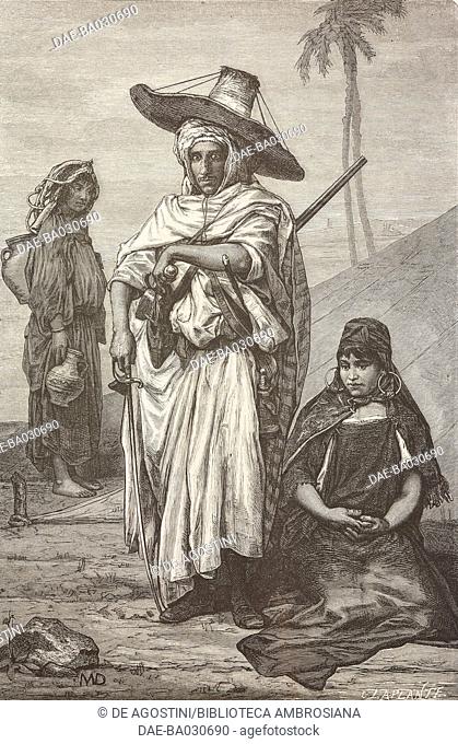 Nomadic man and women from the Regency of Tunis, Tunisia, drawing by Diogene Maillard (1840-1926) from a photograph by Catalanotti and Garrigues