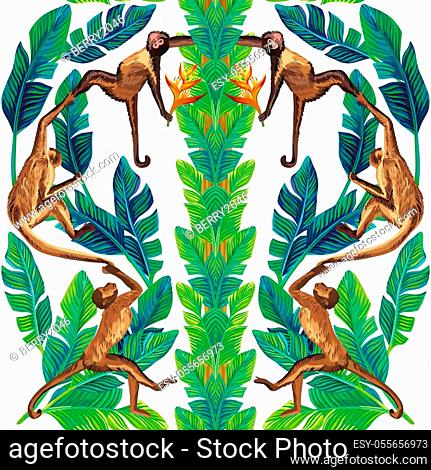 Realistic composition symetrical mirror monkey palm leaves bright strelizia flowers in the tropic exotic jungle seamless vector pattern white background