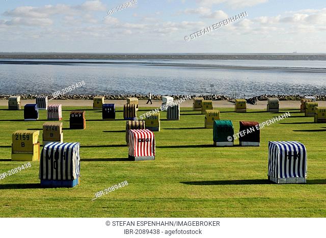 Roofed wicker beach chairs standing on a lawn, beach, Buesum, district of Dithmarschen, Schleswig-Holstein, North Sea, Wadden Sea, Germany, Europe, PublicGround