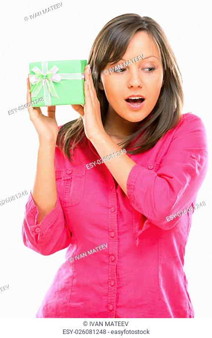 Woman with a present isolated on white