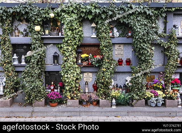 Columbarium at Wolski Cemetery in Warsaw city, few days before All Saints Day feast in Poland
