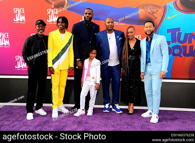 Don Cheadle, Ceyair Wright, LeBron James, Harper Leigh Alexander, Malcolm D. Lee, Sonequa Martin-Green, and John Legend at the Los Angeles premiere of 'Space...