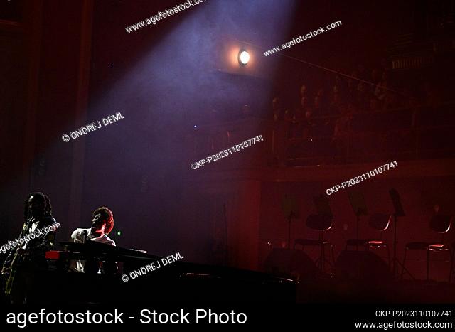 British singer and musician Benjamin Clementine, right, performs during his concert within the 27th Prague Sounds international music festival at Rudolfinum