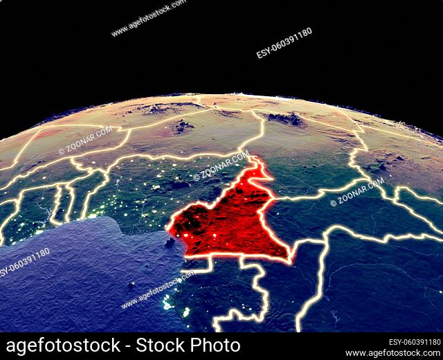 Cameroon from space on planet Earth at night with bright city lights. Detailed plastic planet surface with real mountains. 3D illustration