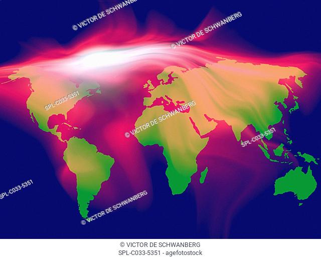 Global carbon dioxide levels, conceptual image. The increasing levels of carbon dioxide (CO2), more prevalent in the northern hemisphere, is shown in red