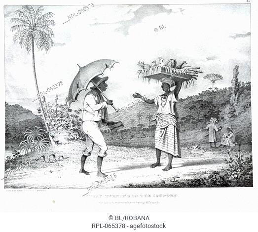 Sunday morning in the country, 'Sunday morning in the country'. Two Negroes converse. One holds a parasol and the other, a box containing fruit and fowl