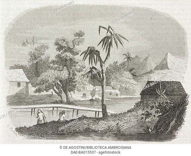 View of the river from the Queen's house, Tahiti, engraving from L'album, giornale letterario e di belle arti, September 23, 1843, Year 10