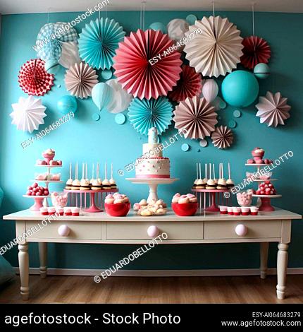 Vibrant retro-style birthday party with pink and blue decorations