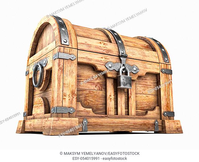 Old wooden chest box with treasure isolated on white background. 3d illustration