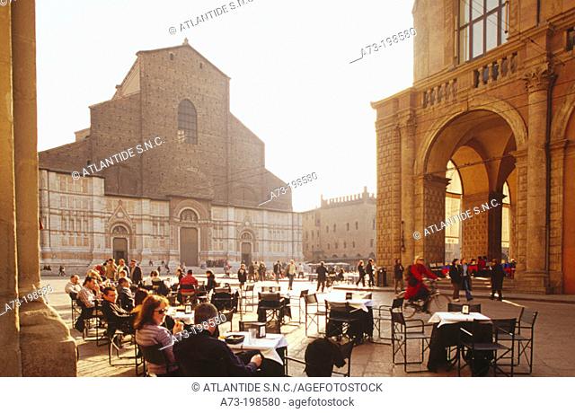 Piazza Maggiore (Main Square) with the cathedral of St. Petronio in background. Bologna. Italy