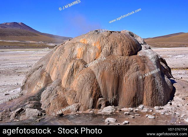 El Tatio Geyser Field. Geyser cone composed for geyserite a kind of opaline silica. San Pedro de Atacama, Antofagasta, Chile