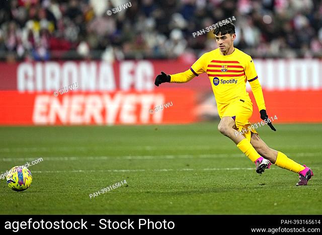 Pedri (FC Barcelona) in action during La Liga football match between Girona FC and FC Barcelona, at Montilivi Stadium on January 28, 2023 in Girona, Spain