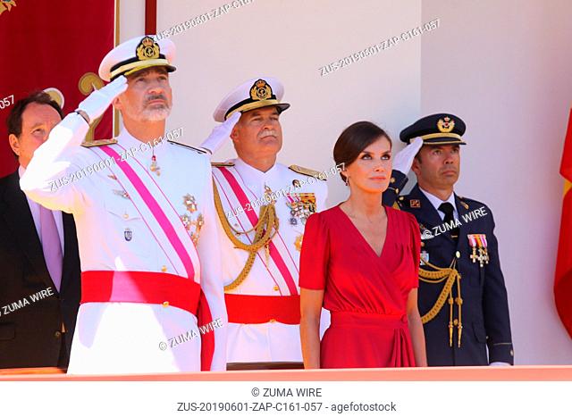 June 1, 2019, Seville, Spain: The King and Queen of Spain preside in the traditional Day of the Armed Forces in Seville. King Don Felipe, in his Navy uniform