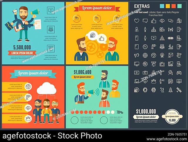 Social Media infographic template and elements. The template includes illustrations of hipster men and huge awesome set of thin line icons