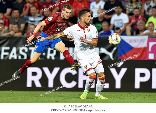 L-R Jakub Jankto (CZE) and Marko Vesovic (MNE) in action during the Football Euro Championship 2020 group A qualifier Czech Republic vs Montenegro in Olomouc