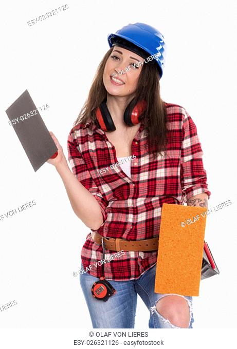 female mason with trowel as advertising space
