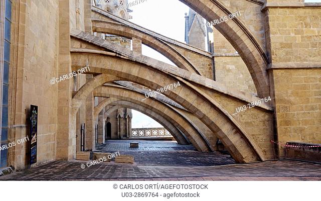 Upper part of the Cathedral of Palma de Majorca, in its capital city Palma de Majorca, Spain, Europe. Monument dating from 1229