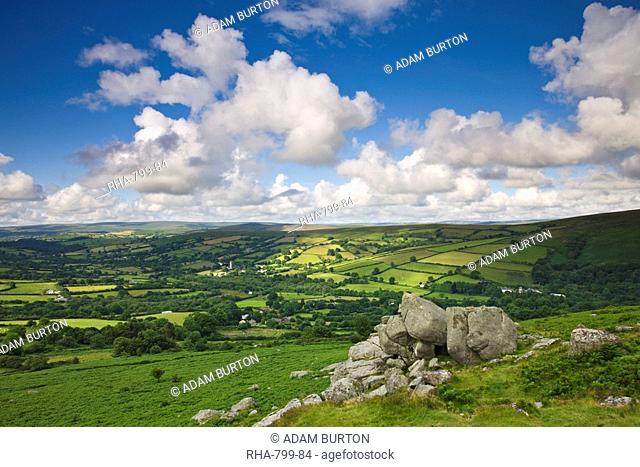 Rolling countryside around Widecombe-in-the-Moor, Dartmoor National Park, Devon, England, United Kingdom, Europe