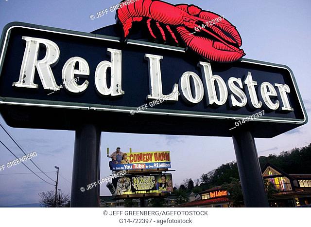Tennessee, Sevierville, Red Lobster Restaurant, neon sign, billboard, dusk, exterior, business, chain, advertising, marketing, logo