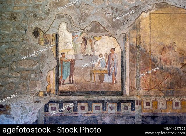 Pompeii, Italy, Scenic painting of Roman inhabitants in a fresco of an ancient Roman villa in Pompeii, Southern Italy