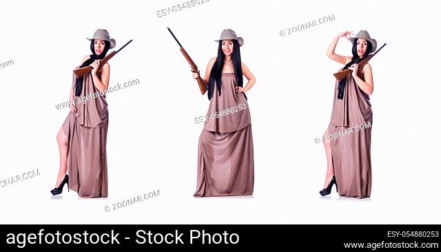 Cowgirl with rifle isolated on the white