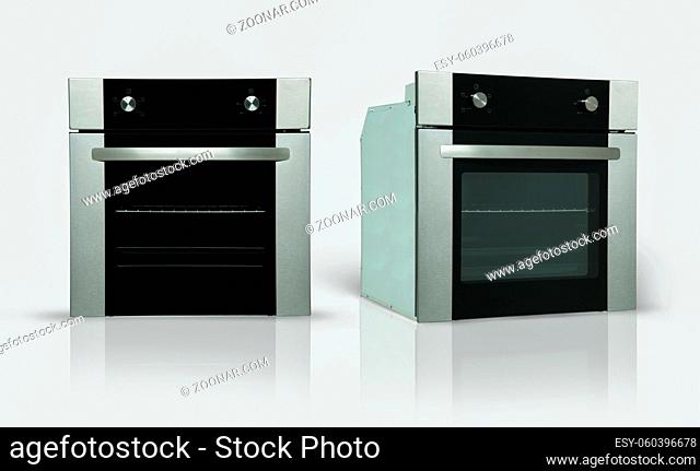 a modern kitchen oven in two positions on a white background. kitchen appliances. Isolated