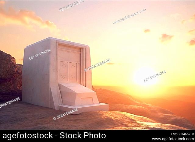 Tomb Empty With Shroud And At Sunrise - Resurrection Of Jesus Christ. Generative AI