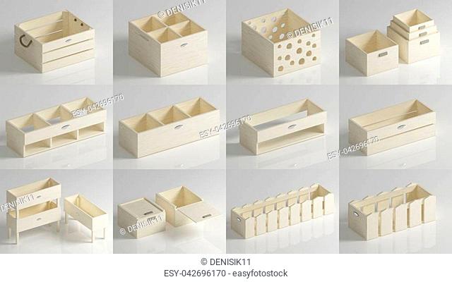 Set of plywood boxes and boxes of wood or chipboard in light colors. 3d rendering