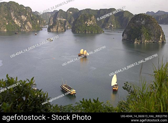 Cruising boats and rocky islands of Halong Bay from Titov Island lookout Vietnam