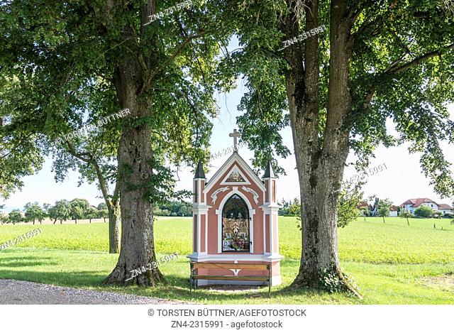 Christian Wayside Shrine between Trees in Rural Hausruck Region, Austria